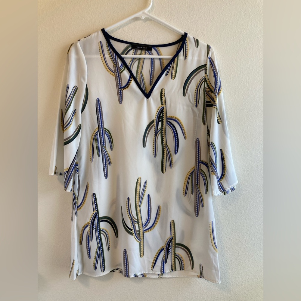 Carrie Allen White Cactus Print Flowy Tunic Blouse Size S